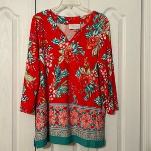 Pappagallo Floral Print 3/4 Sleeve Tunic Top Split Neck Tomato Red | Size Large
